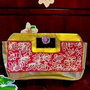 Lilly Pulitzer Beaded Clutch Bag Pink Gold